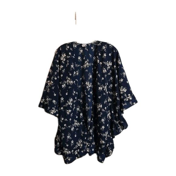 Beach Coverup Top Womens Size L-XL Open Front Blue Floral Print Ruffle Hems - Picture 1 of 6